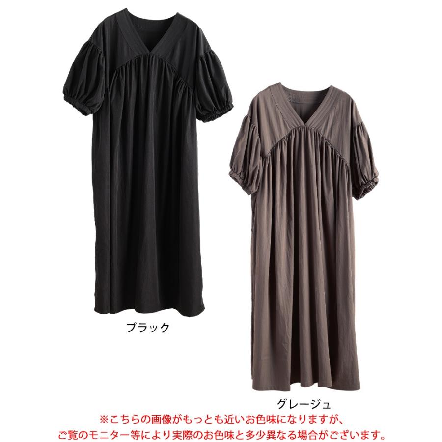 大きいサイズ レディース ワンピース ロング 半袖 Vネック 接触冷感 ギャザー ポケット フレア 春コーデ 春 夏 秋 LL 2L 3L 4L 5L ブラック 黒 グレージュ 爆買の画像