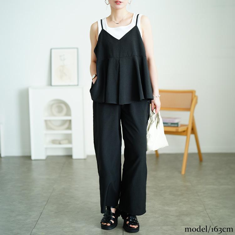 大きいサイズ レディース セットアップ 上下 キャミソール ペプラム パンツ ワイド ロング ウエストゴム 夏コーデ 夏 秋 春 LL 2L 3L 4L 5L モカ ブラック 爆買の画像