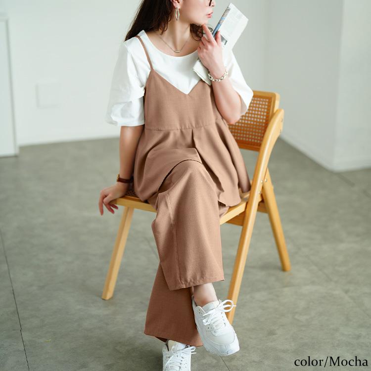 大きいサイズ レディース セットアップ 上下 キャミソール ペプラム パンツ ワイド ロング ウエストゴム 夏コーデ 夏 秋 春 LL 2L 3L 4L 5L モカ ブラック 爆買の画像