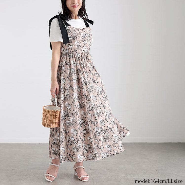 振袖　華柄　ロングワンピース　背中編込み　リボン紐付き　焦茶色 GOLDJAPAN（ゴールドジャパン） 大きいサイズ レディース ワンピース