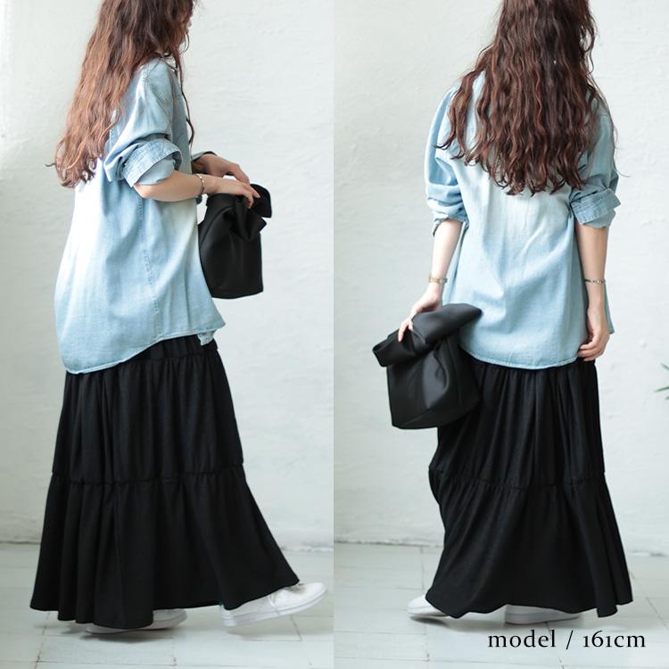 大きいサイズ レディース スカート ロング マキシ シャーリング ティアード ウエストゴム 夏コーデ 春 夏 秋 LL 2L 3L 4L ブラック 黒 グレージュ チャコール