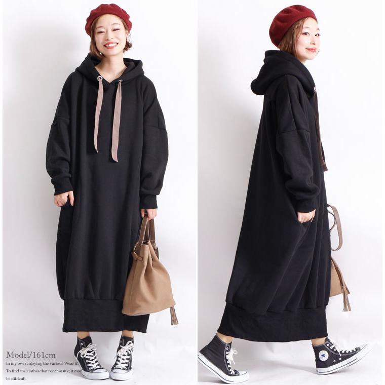 大きいサイズ レディース ワンピース パーカー 裏起毛 フーディー フード コクーン ロング 長袖 LL 2L 3L 4L 5L ネイビー ブラック ブラウン カーキ 秋 冬 | GOLDJAPAN | 15