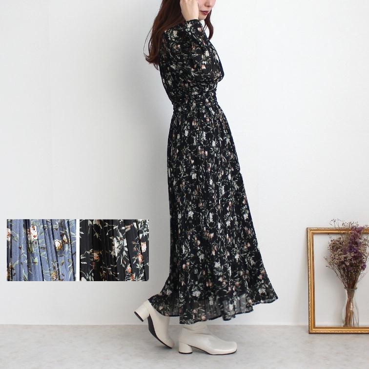 ワンピース 花柄 プリーツ シフォン生地 ブラック グレー M L LL 30代 