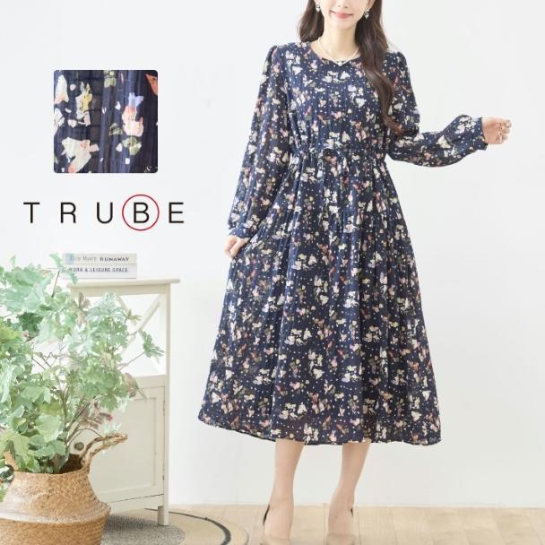 TRUBE ギャザー ワンピース フラワープリント ネイビー 花柄 