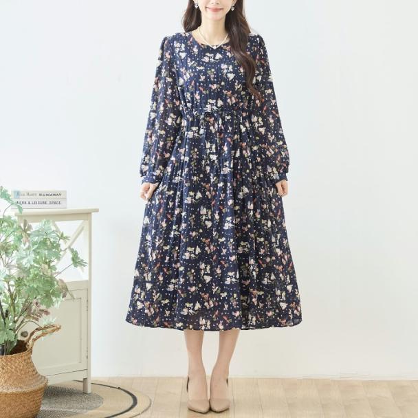 TRUBE ギャザー ワンピース フラワープリント ネイビー 花柄 