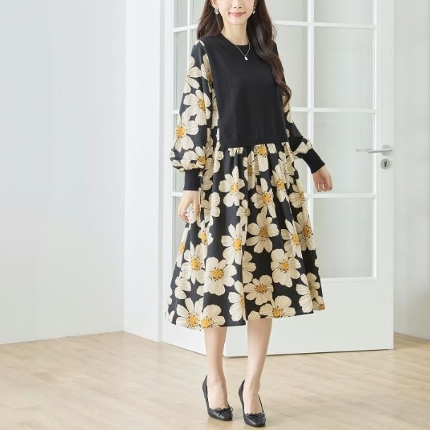 TRUBE 異素材切替 フラワープリント ワンピース ブラック 花柄