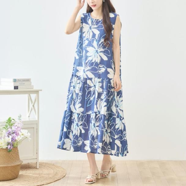 TRUBE マキシワンピース ノースリーブ ビッグフラワー コットン 花柄