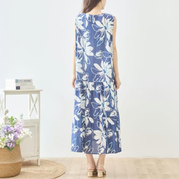 TRUBE マキシワンピース ノースリーブ ビッグフラワー コットン 花柄