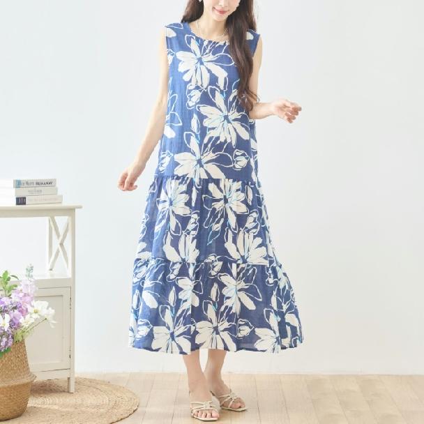 TRUBE マキシワンピース ノースリーブ ビッグフラワー コットン 花柄