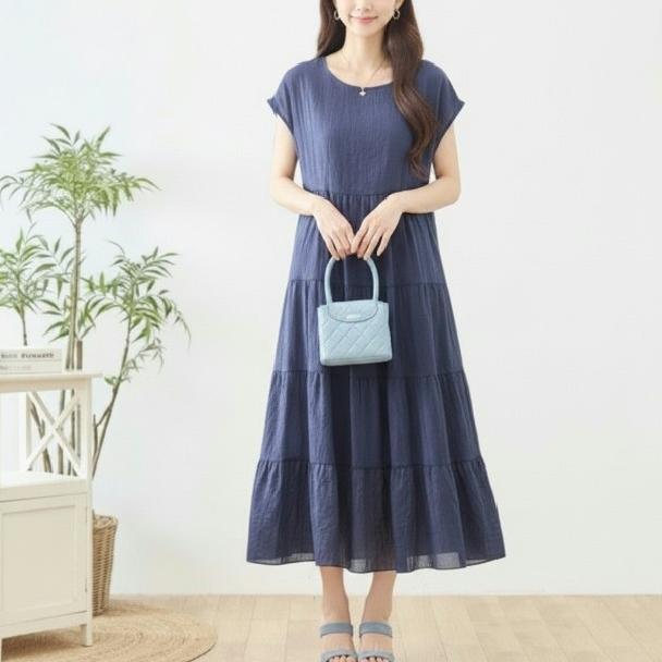 美品✨定価3.3万 ロエフ TCティアードワンピース ブラック コットン フレア ティアードワンピース フレアフレンチスリーブ コットンロング N83-355