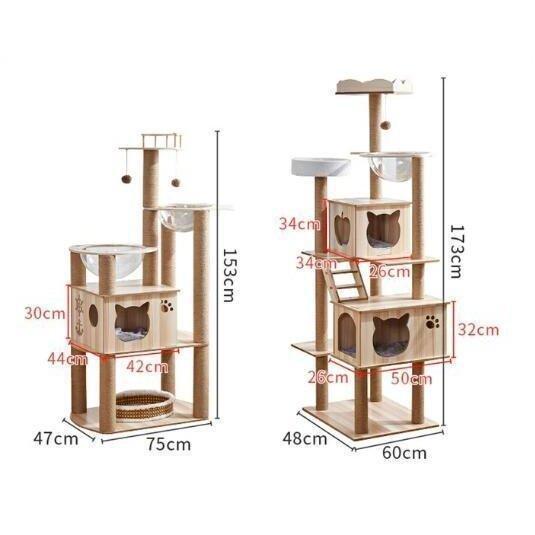 キャットタワー 猫タワー 据え置き型 木製キャットタワー 透明宇宙船 展望台 爪とぎ 可愛い木製猫ハウス 木登りキャットポール 猫ベッド 