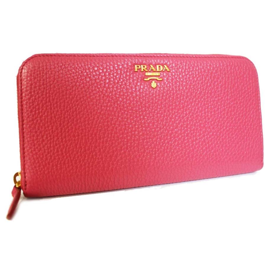 プラダ ロゴ ラウンドファスナー 長財布 レディース 長財布 財布 型押しレザー Prada ピンク 中古