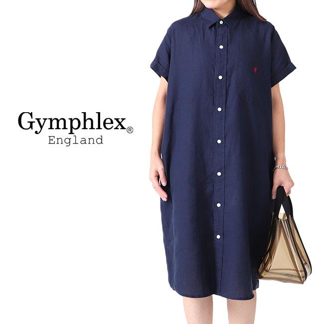 新品Gymphlex ジムフレックス　リネン半袖シャツワンピース 14 ネイビー J-1098LNP]Gymphlex(ジムフレックス)<br>リネン半袖シャツ