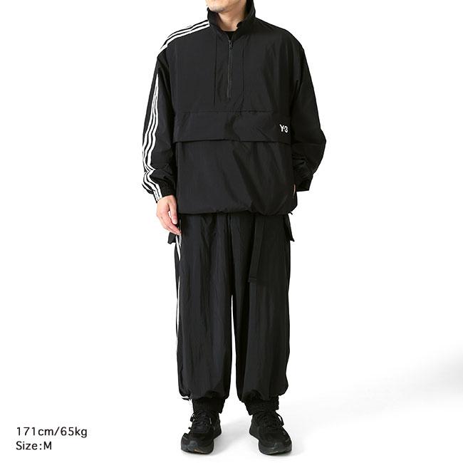 Y-3 ブラック ワイドパンツ リブ付き Y-3 ワイスリー ベルト付き リップストップナイロンパンツ