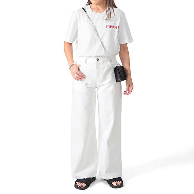 白靴に合う[マルニ] HAND-EMBROIDERED ロゴ 半袖コットンTシャツ MARNI マルニ パッチワーク ロゴTシャツ HUMU0198X0 UTC017 白