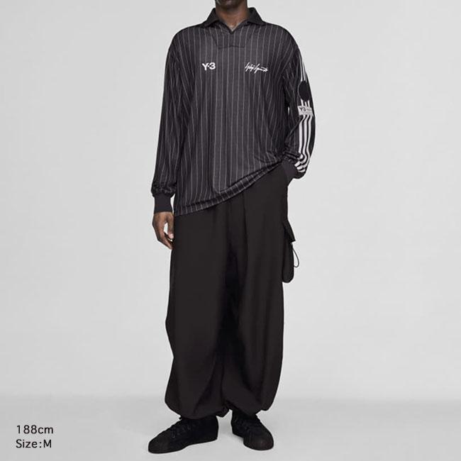 Y-3 ワイスリー ストライプ オーバーサイズ フットボールシャツ KS7574 黒 長袖ポロシャツ サッカーシャツ メンズ_1