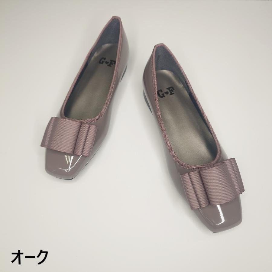 ゴールデンフット パンプス リボン 幅広 3E エナメル ローヒール 婦人