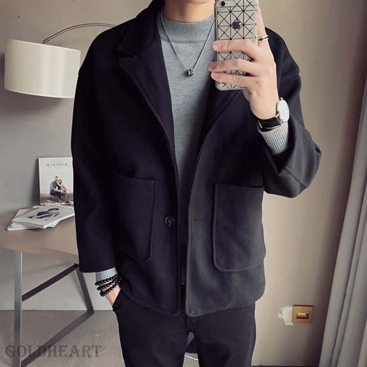 チェスターコート ショートコート 無地 メンズ 羽織り 春秋 シンプル ジャケット ゆったり ハンサム オシャレ アウター 韓国風 メンズ Pコート カラー ブラック Rhteste Dramarcia Adv Br