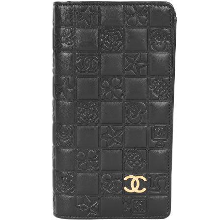 シャネル 二つ折り 長財布 アイコンライン レザー ブラック 8番台  