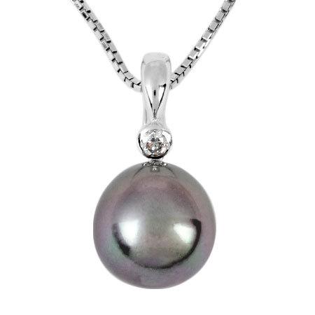 ブラックパール 13.5mm ダイヤモンド 0.10ct ネックレス K14WG/Pt850  