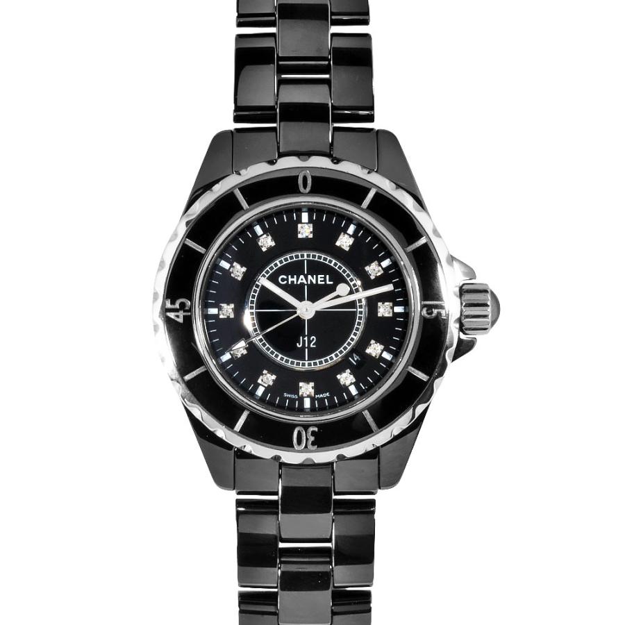Rei。美品 CHANEL時計 J12 12Pブラック H1625 J12 シャネル CHANEL H1625 腕時計 クォーツ ブラック文字盤 12P