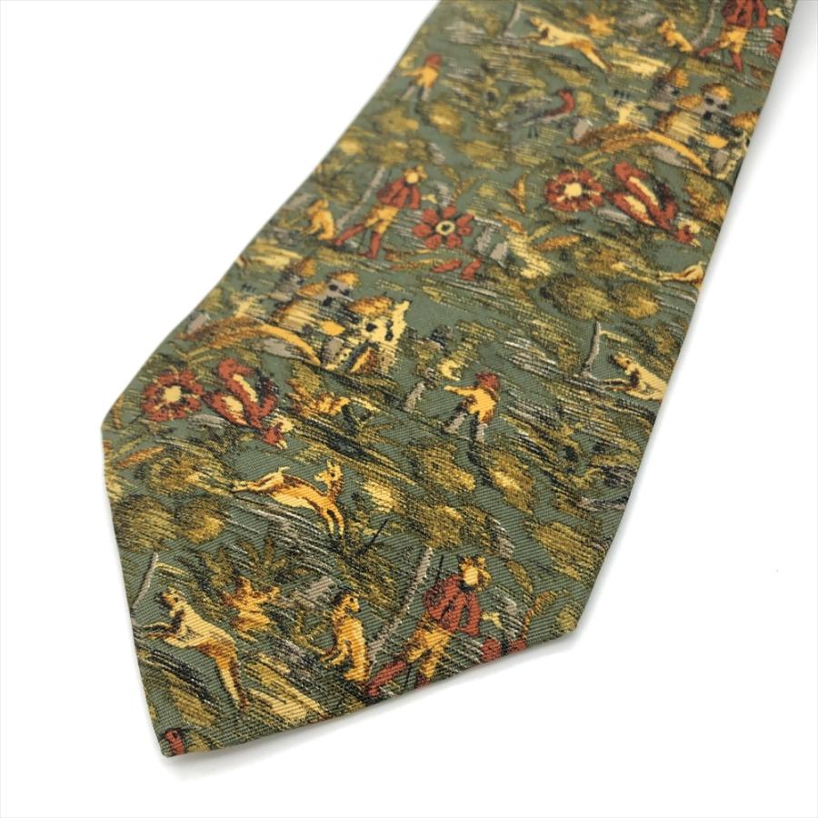 フェラガモ Ferragamo ネクタイ シルク 148cm グリーン 古着系 絵画風 ヴィンテージ カントリー 9.5cm幅 メンズ【中古】 フェラガモ Ferragamo ネクタイ シルク 148cm グリーン 古着系 絵画風
