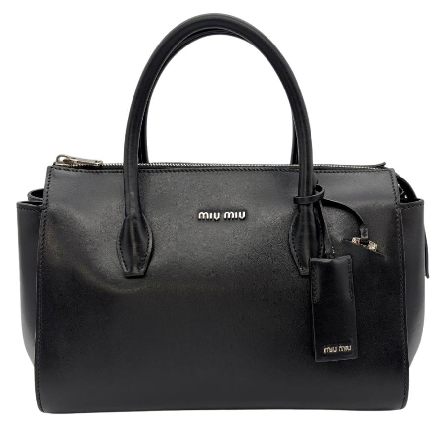 ミュウ Miu ロゴ ハンドバッグ レザー ブラック シルバー金具