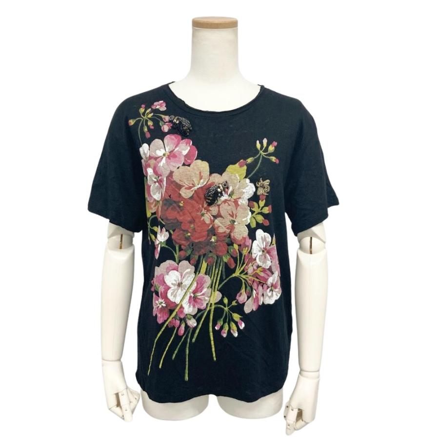 GUCCI（グッチ） フローラルプリント 蜂 ビジュー 半袖Tシャツ 麻
