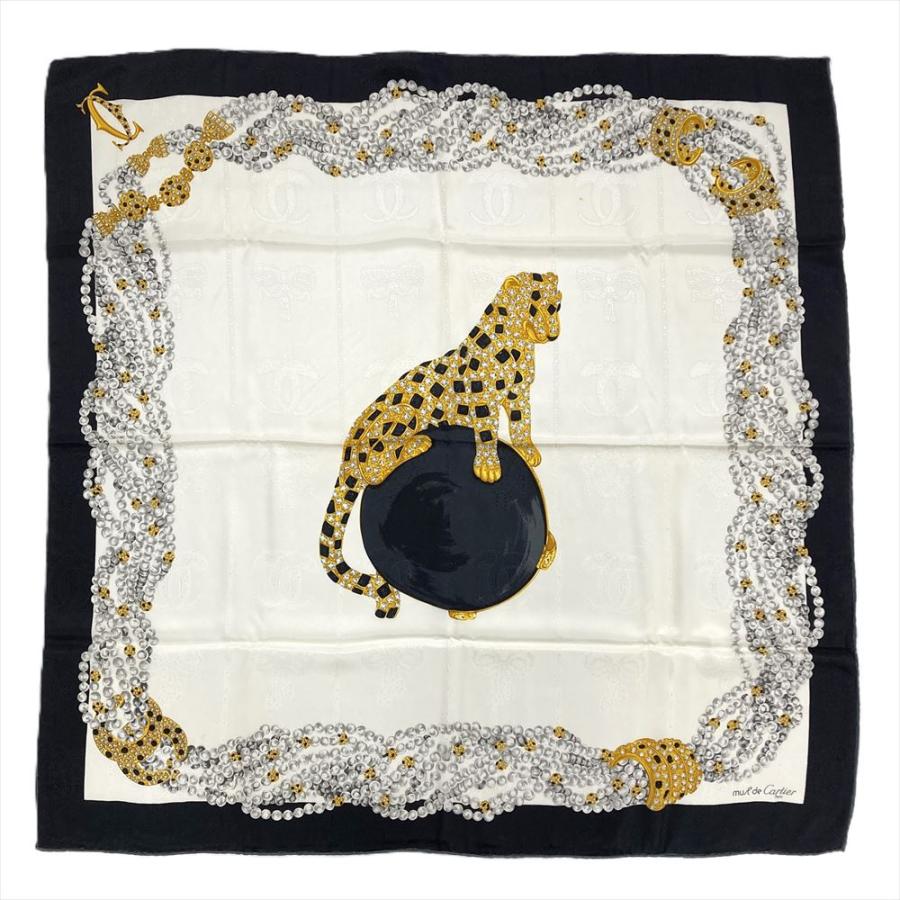 カルティエ Cartier スカーフ パンテール ホワイト×ネイビー シルク Cartier（カルティエ） パンテール スカーフ シルク ホワイト