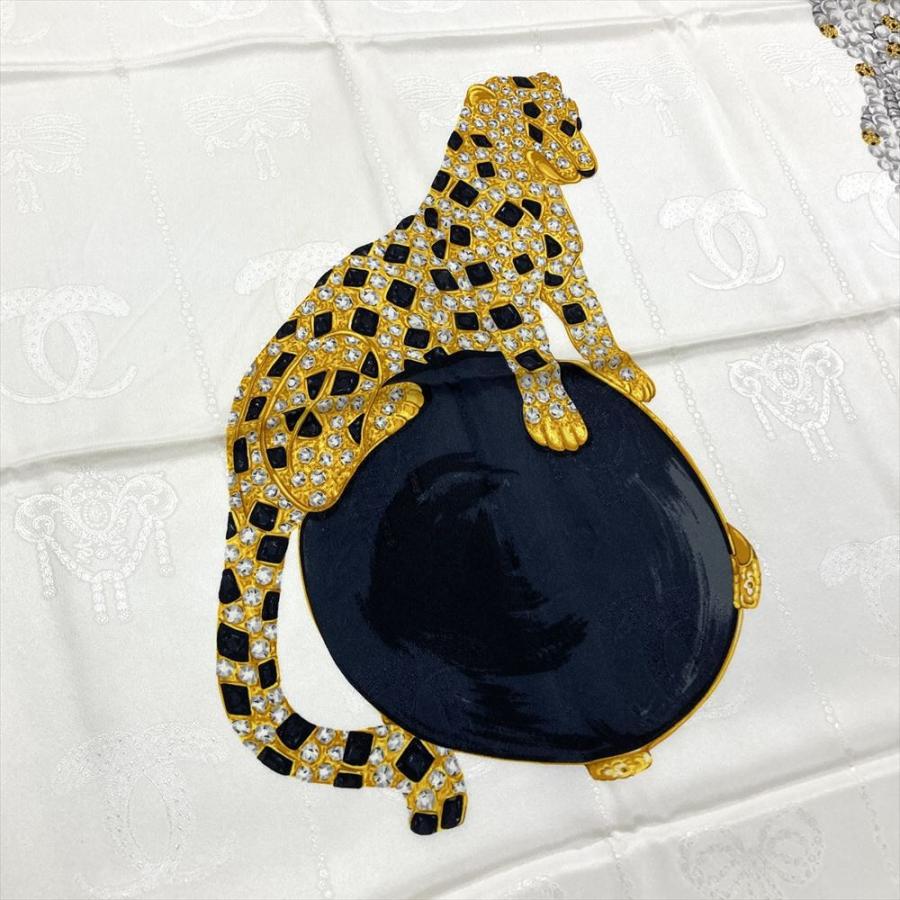カルティエ Cartier スカーフ パンテール ホワイト×ネイビー シルク Cartier（カルティエ） パンテール スカーフ シルク ホワイト