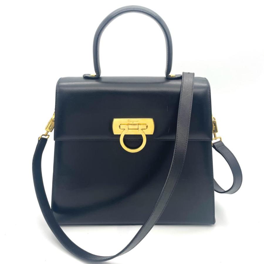 未使用級● フェラガモ ハンドバッグ ガンチーニ 金具 ブラック レザー Salvatore Ferragamo サルヴァトーレ フェラガモ ハンドバッグ