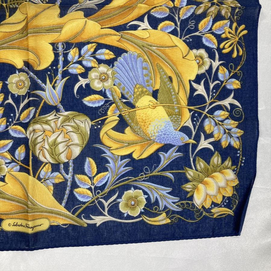 フェラガモ Ferragamo 花柄 鳥 ハンカチ コットン ブルー ユニセックス