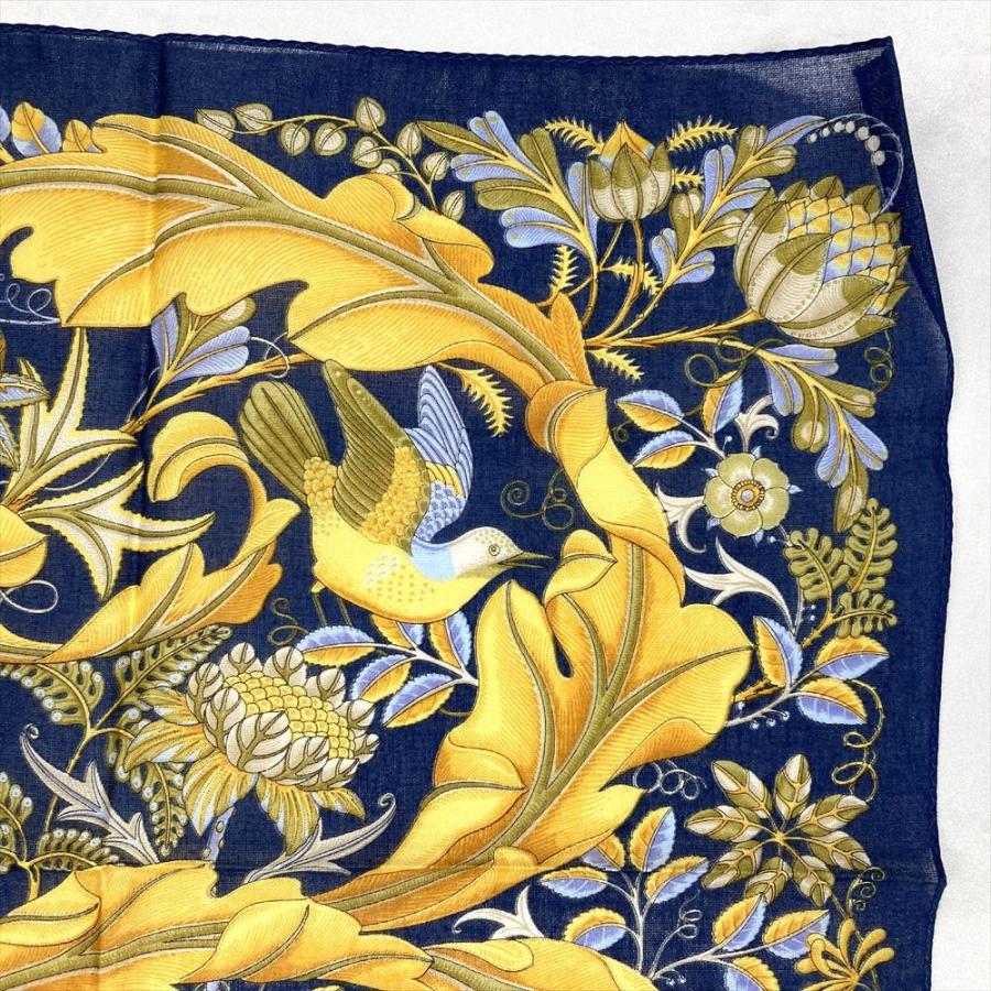 フェラガモ Ferragamo 花柄 鳥 ハンカチ コットン ブルー ユニセックス