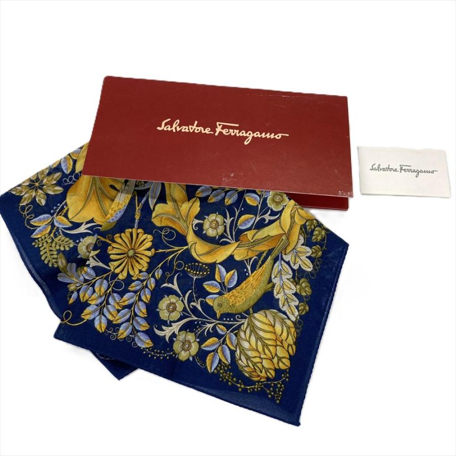 【美品】フェラガモ シルク100％ ワンピース ドット柄 金ボタン ITALY フェラガモ Ferragamo 花柄 鳥 ハンカチ コットン ブルー ユニセックス