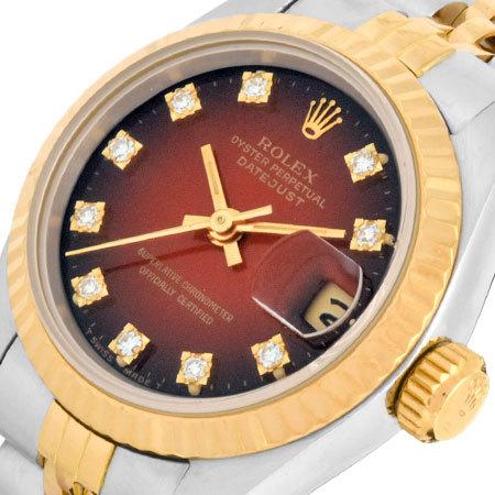 ロレックス デイトジャスト 10Pダイヤ 69173G レッド チェリーグラデーション S番 レディース 中古 腕時計 ロレックス デイトジャスト 69173G チェリー・グラデーション