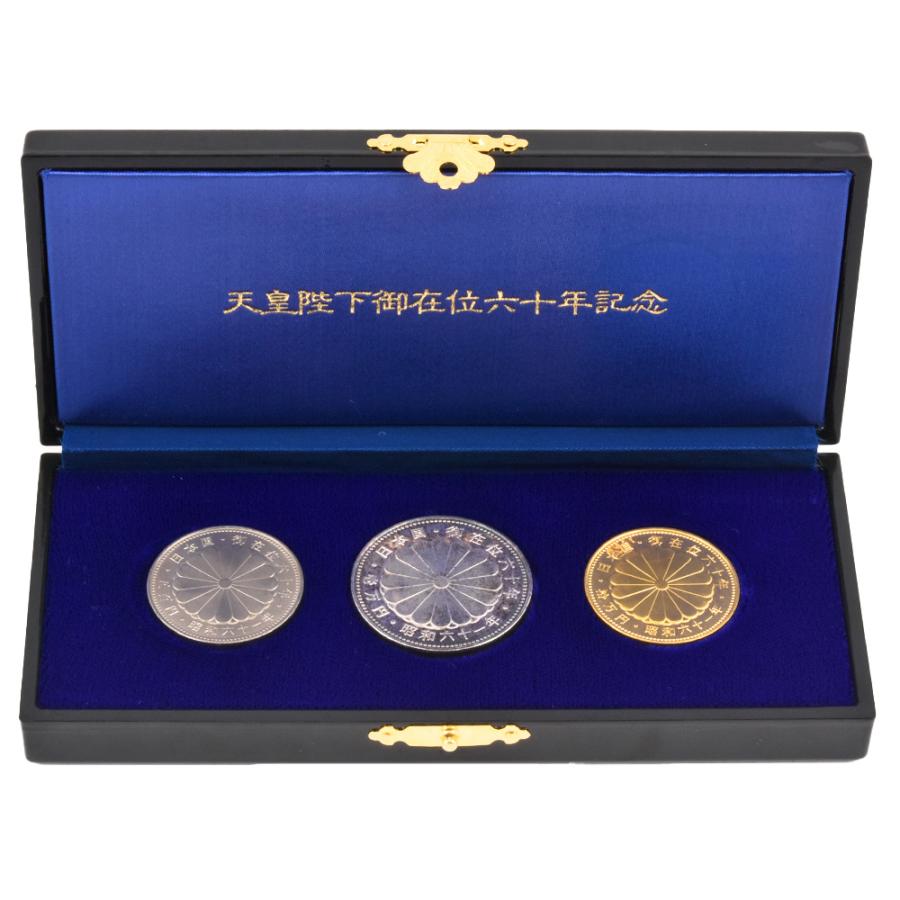 天皇御在位 六十年記念 10万円金貨幣 1万円銀貨幣 500円白銅貨幣 天皇御在位 六十年記念 10万円金貨幣 1万円銀貨幣 500円白銅貨幣