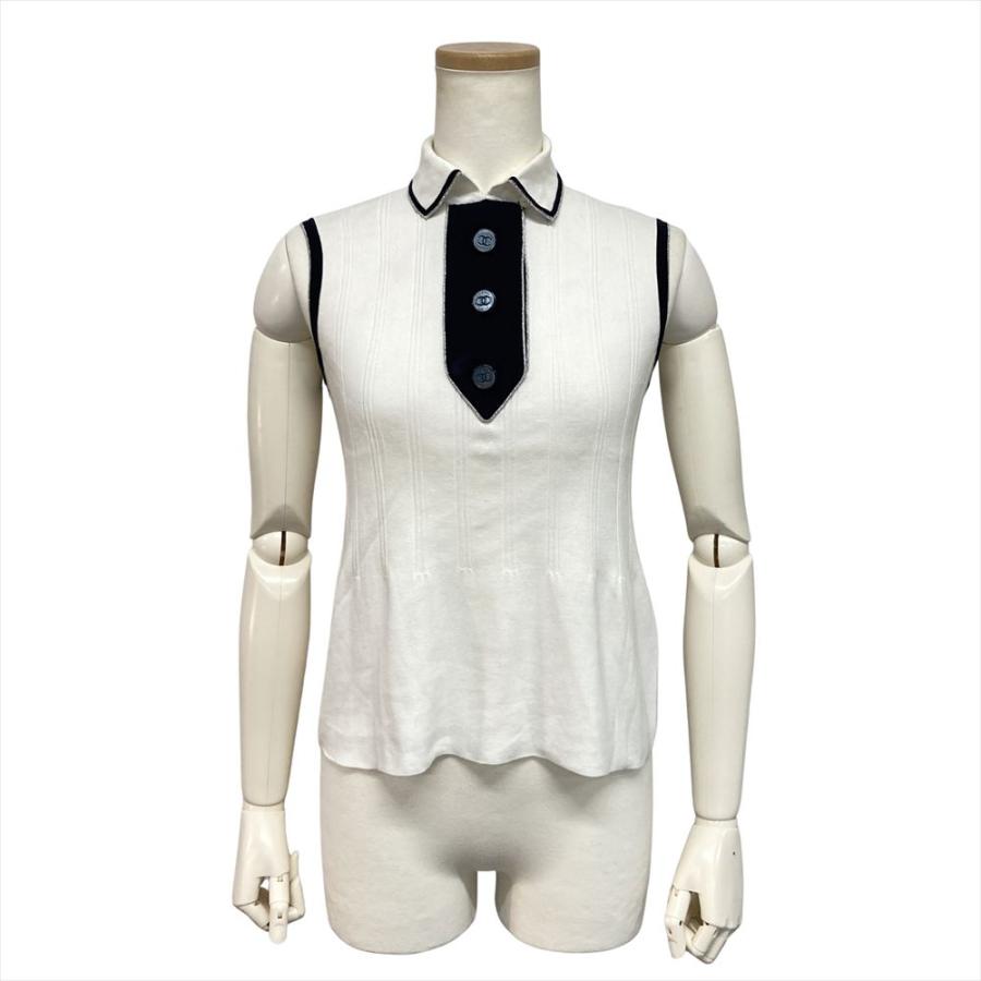 CHANEL ノースリーブ コットン ホワイト×ブラック ボーダー トップス