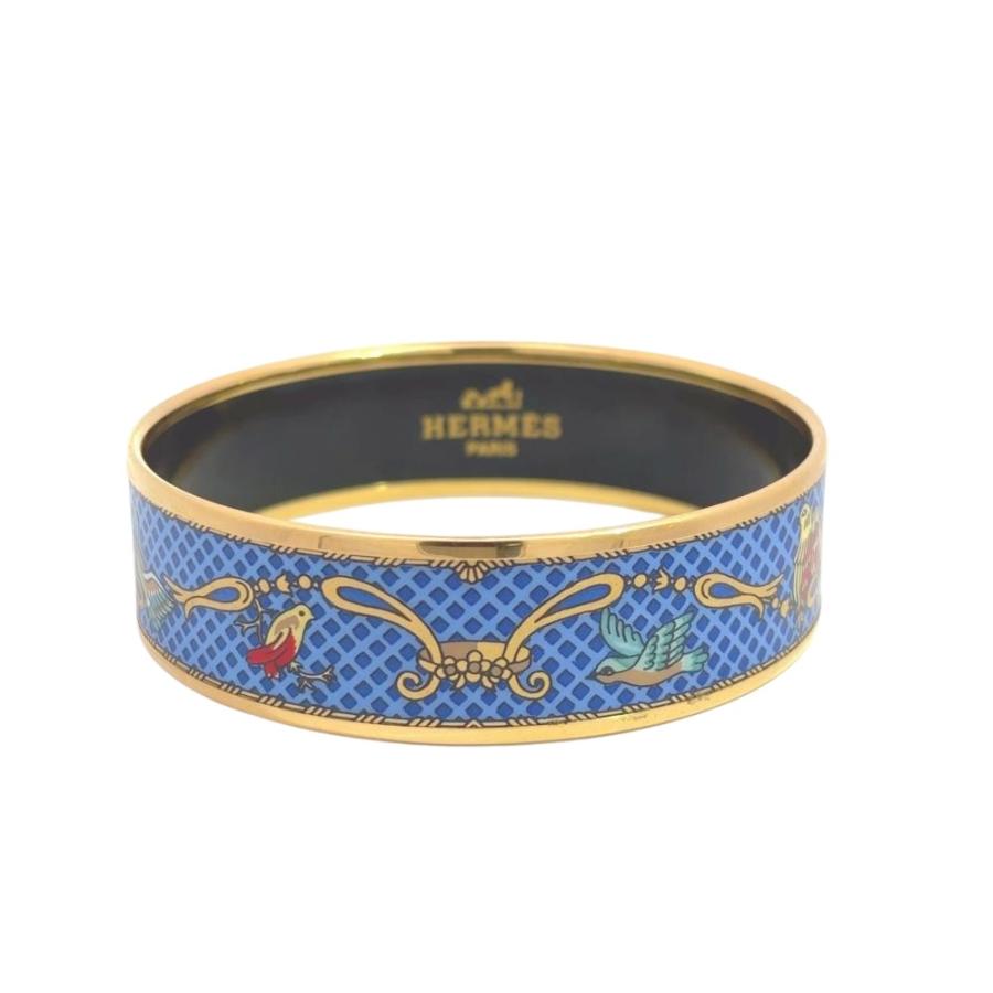 HERMES エマイユGM ゴールド　箱付き HERMES（エルメス） エマイユGM バングル カフ ブルー ゴールド金具 鳥
