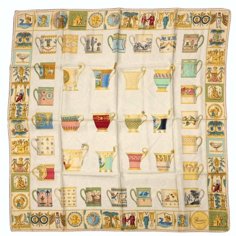 GUCCI グッチ スカーフ カップ柄 天使 シルク ベージ ヴィンテージ GUCCI（グッチ） ティーカップと天使 スカーフ シルク イエロー