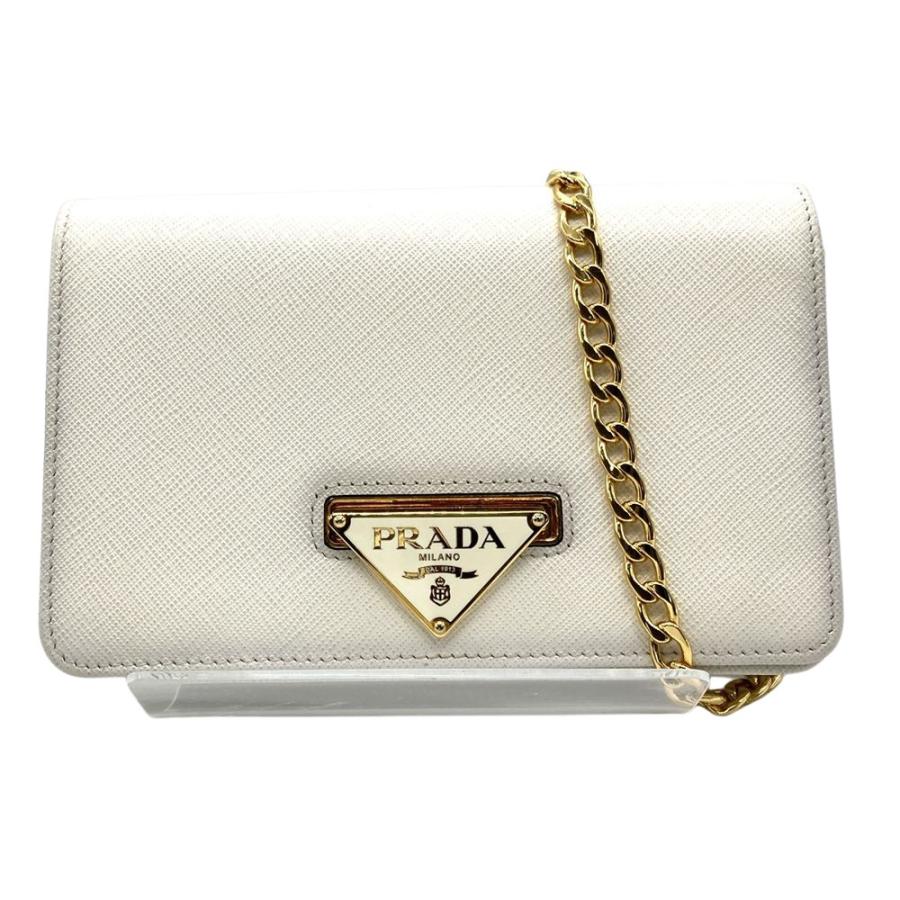 【極美品】PRADA 二つ折り財布 レザー カーフ リボン ゴールド金具 白 PRADA（プラダ） ロゴ チェーンウォレット 2WAY レザー ホワイト