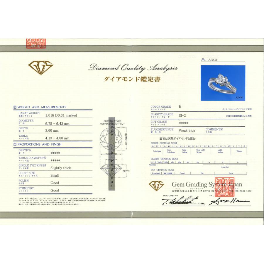 ハートシェイプ リング 指輪 ダイヤモンド 1.018ct 約10.5号 Pt900 5.8 