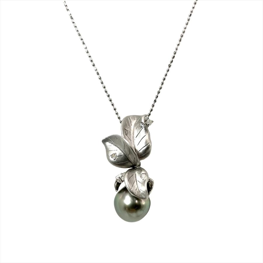南洋ゴールド真珠の花形ペンダント ネックレス　シルバー　メッシュ パール 9.6mm ネックレス 真珠 K14WG 6.0g ホワイトゴールド 黒蝶南洋