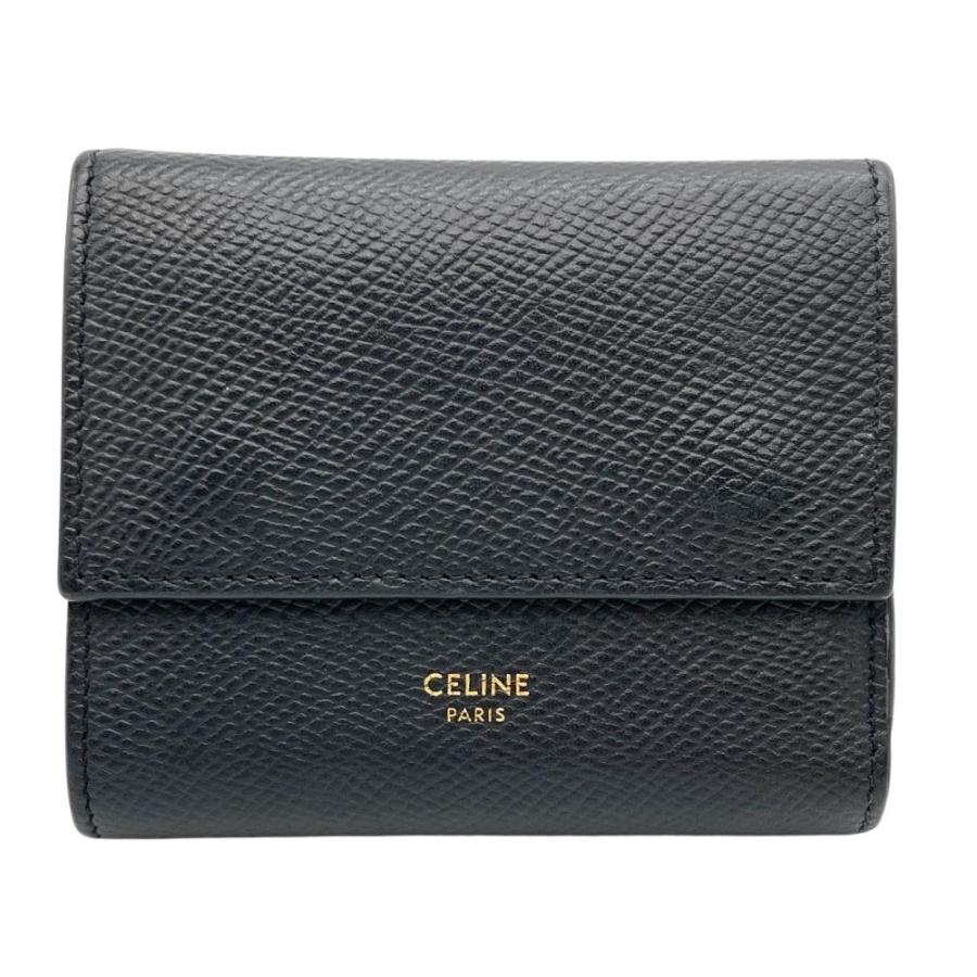 美品 セリーヌ 三つ折り財布 トリフォールドウォレット グリーン レザー CELINE（セリーヌ） トリフォールドウォレット 三つ折り財布 レザー