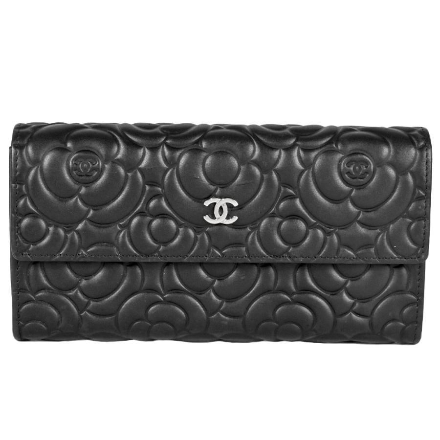 CHANEL シャネル カメリア 長財布 ラムスキン ブラック シルバー金具