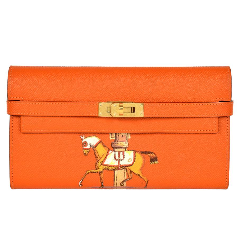 エルメス オレンジ レザー 長財布 ゴールド金具 Kelly エルメス HERMES ケリーウォレット 長財布 ヴォーエプソン