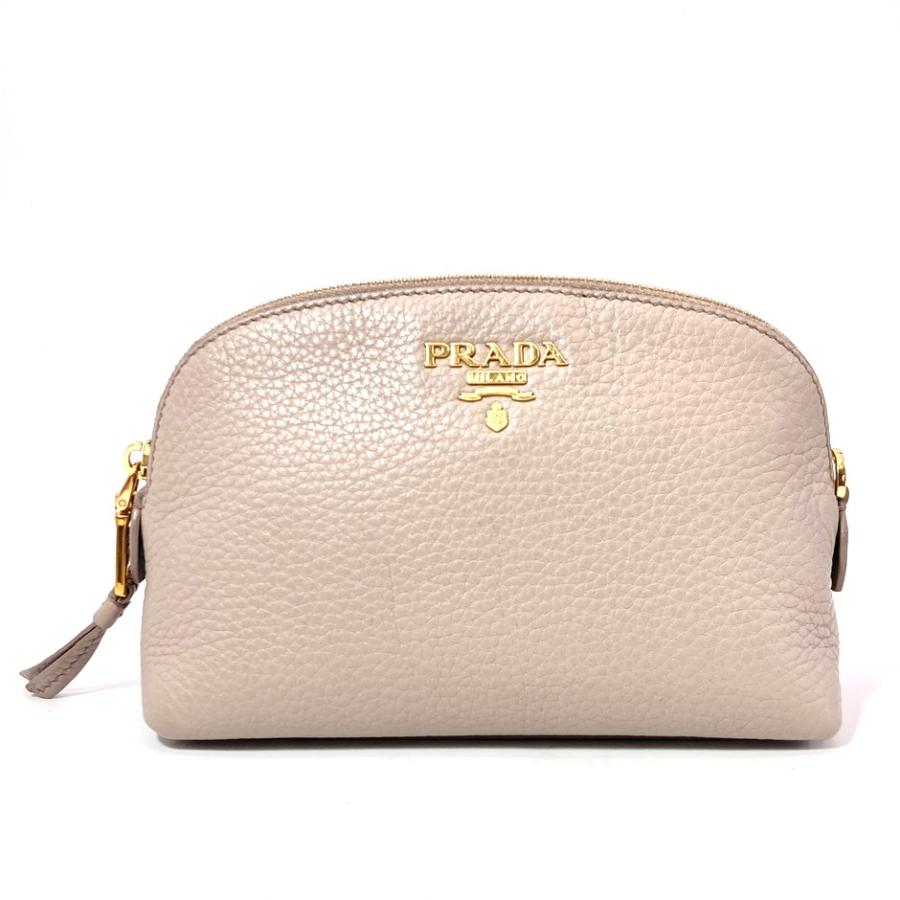 PRADA ポーチ グレー レザー ゴールド金具 PRADA（プラダ） ポーチ レザー グレー ゴールド金具 : ゴールドプラザ
