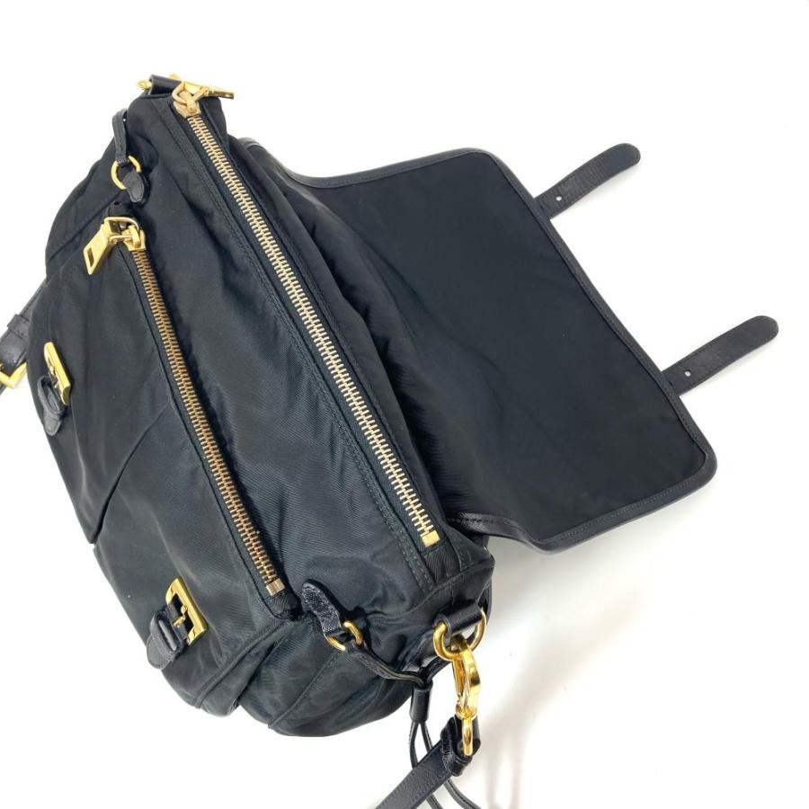 プラダ ゴールド金具 ナイロン ショルダーバッグ 斜め掛け PRADA（プラダ） ナイロン レザー ショルダーバッグ ナイロン ブラック