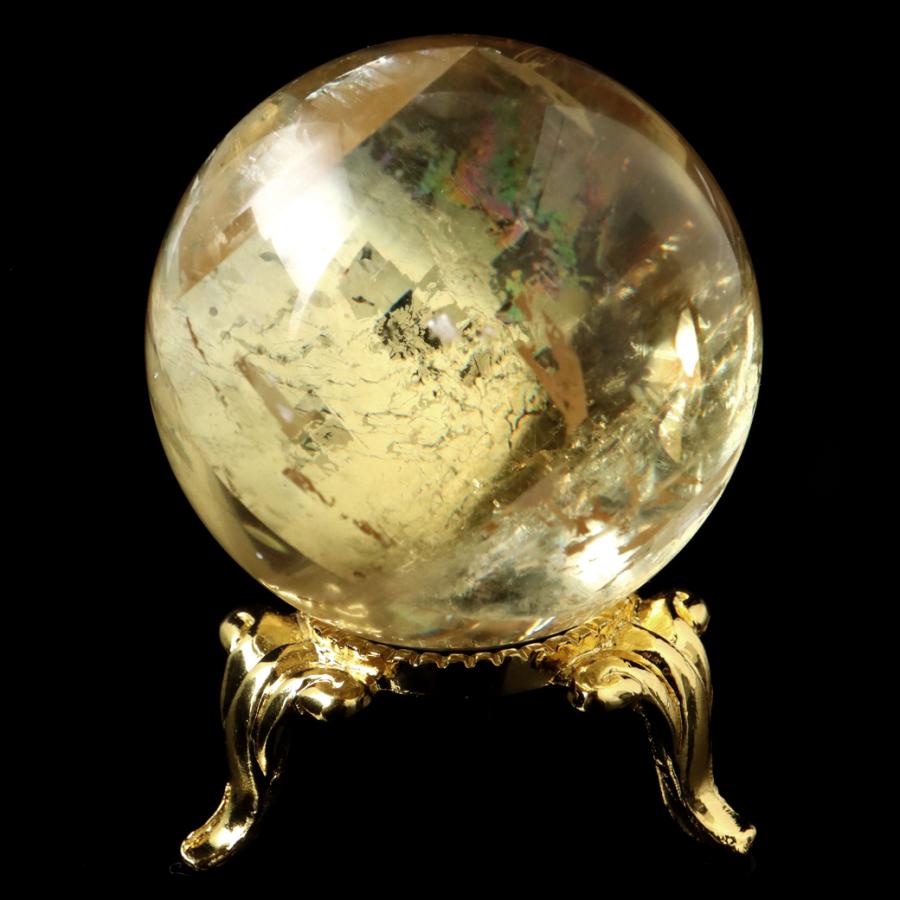 GOLD STONE ゴールデン カルサイト 丸玉 虹入り レインボー 台座付き