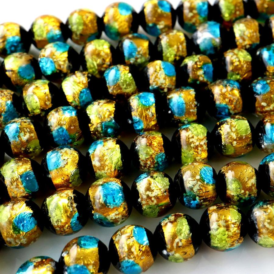GOLD STONE 光る ホタルガラス イエロー ブルー MIX 8mm 一連 ビーズ
