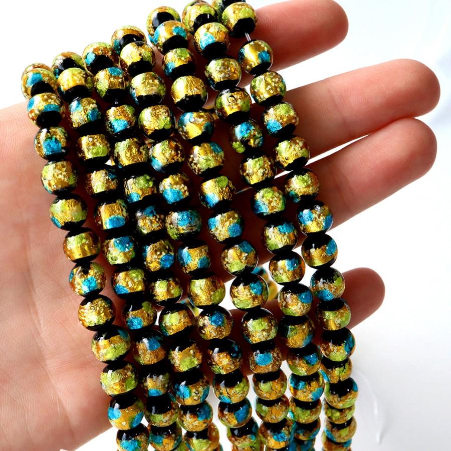GOLD STONE 光る ホタルガラス イエロー ブルー MIX 8mm 一連 ビーズ